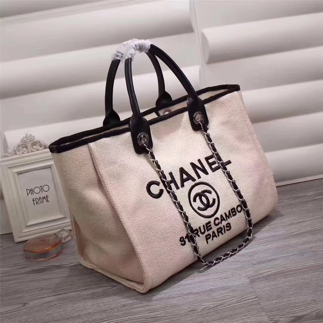 Ch**el Canvas Large Deauville Tote Bag Beige A66942