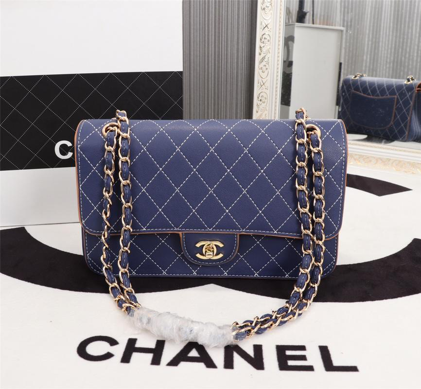 Ch**el Flap Shoulder Bag Calfskin Leather Blue 8925