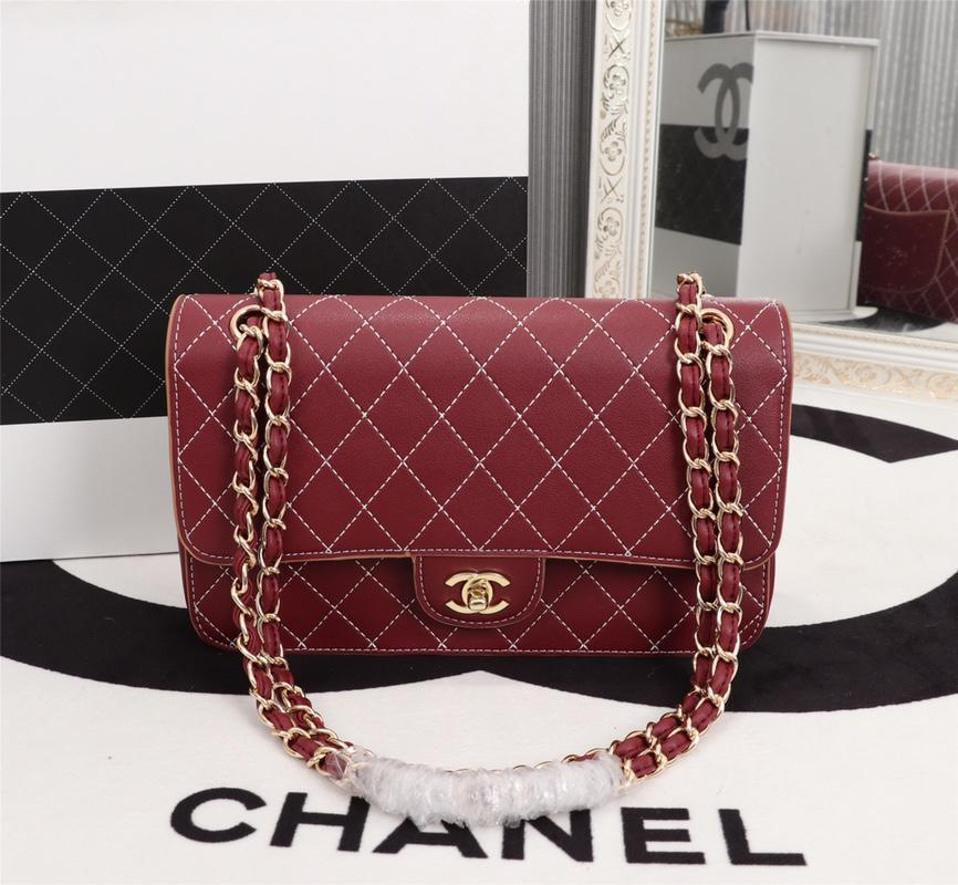 Ch**el Flap Shoulder Bag Calfskin Leather Wine Red 8925