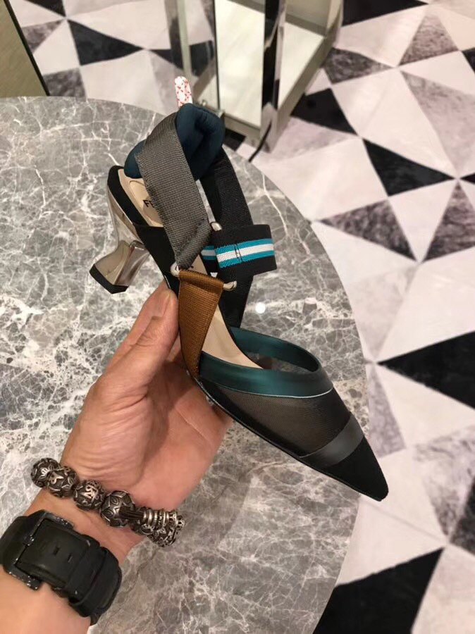 F**di Slingbacks Blue Black Mid Heel Shoes 5cm