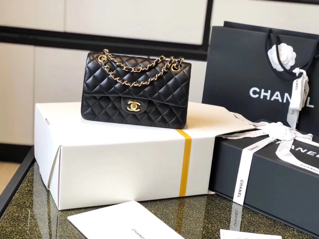 Ch**el Double Flap Bag Lambskin Black with Gold Hardware 23cm Bagsaa