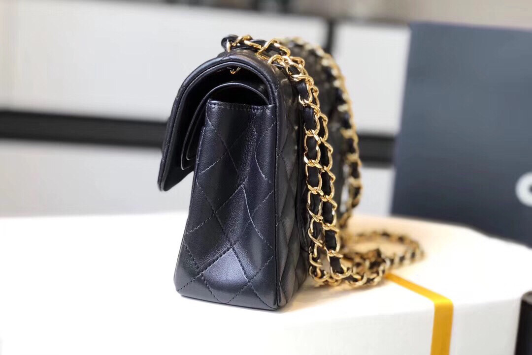 Ch**el Double Flap Bag Lambskin Black with Gold Hardware 23cm Bagsaa