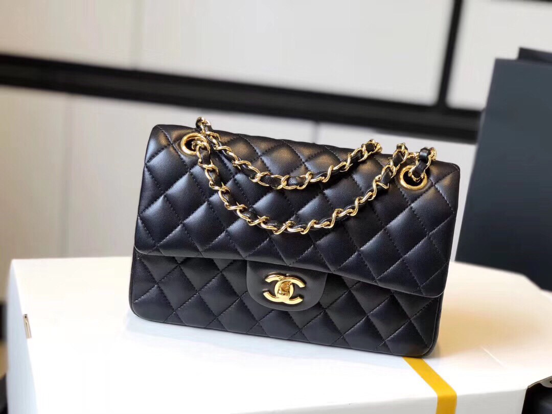Ch**el Double Flap Bag Lambskin Black with Gold Hardware 23cm Bagsaa