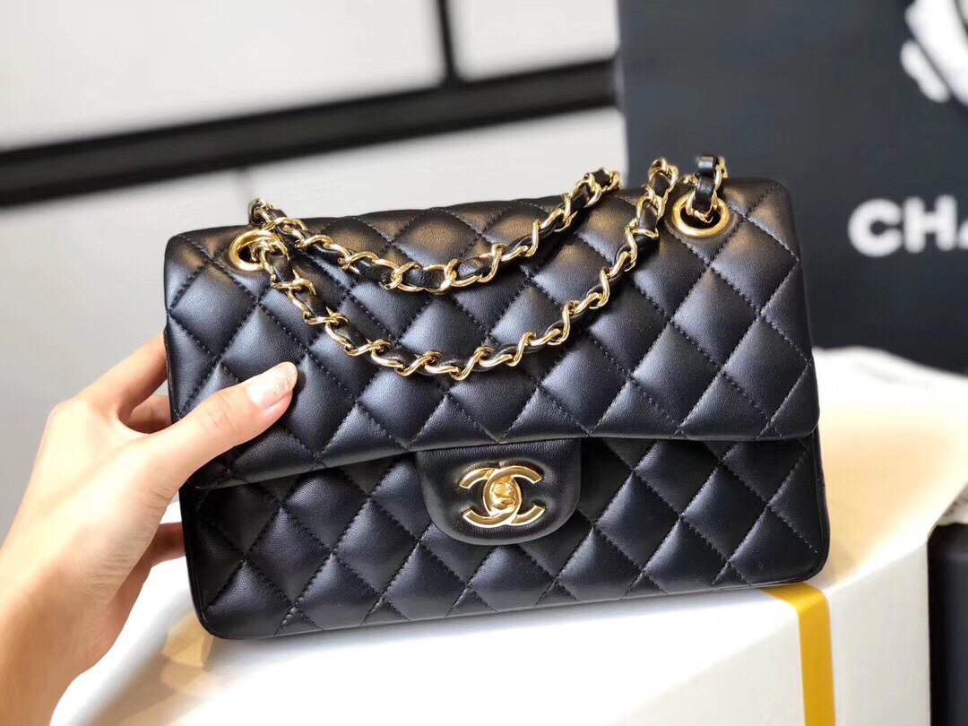 Ch**el Double Flap Bag Lambskin Black with Gold Hardware 23cm Bagsaa