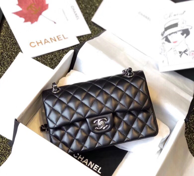 Bagsaaa Ch**el Flap Bag Black Lambskin & Silver Hardware - 23cm