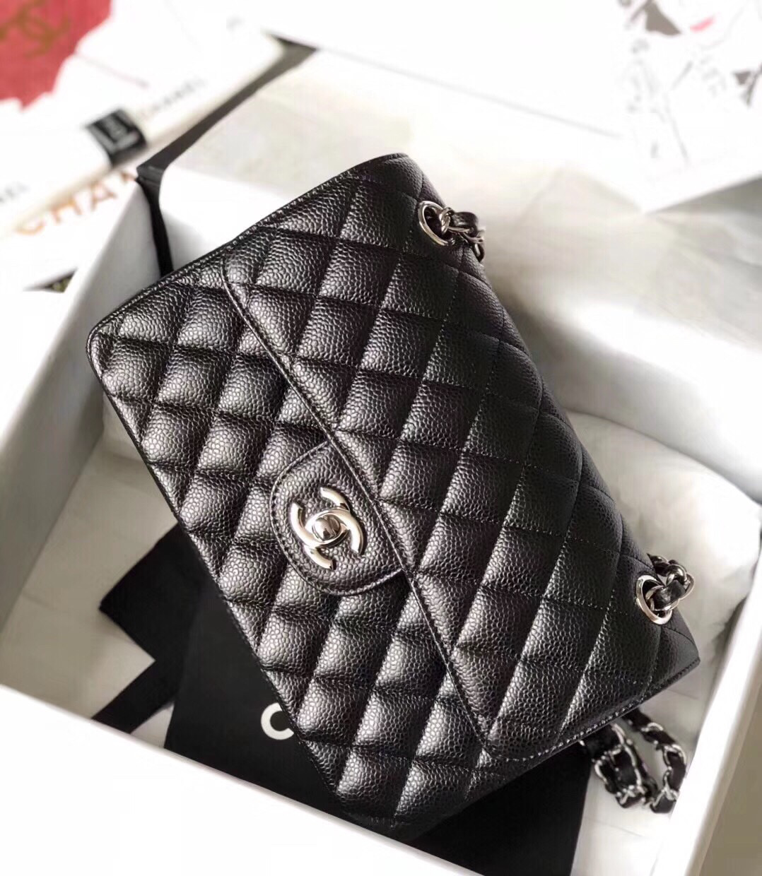 Ch**el Double Flap Bag Caviar Black with Silver Hardware 23cm Bagsaa