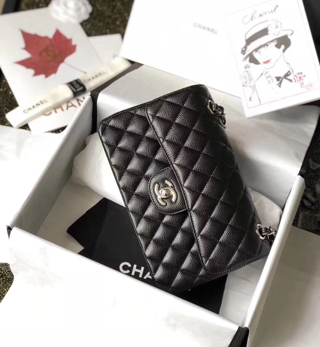 Ch**el Double Flap Bag Caviar Black with Silver Hardware 23cm Bagsaa