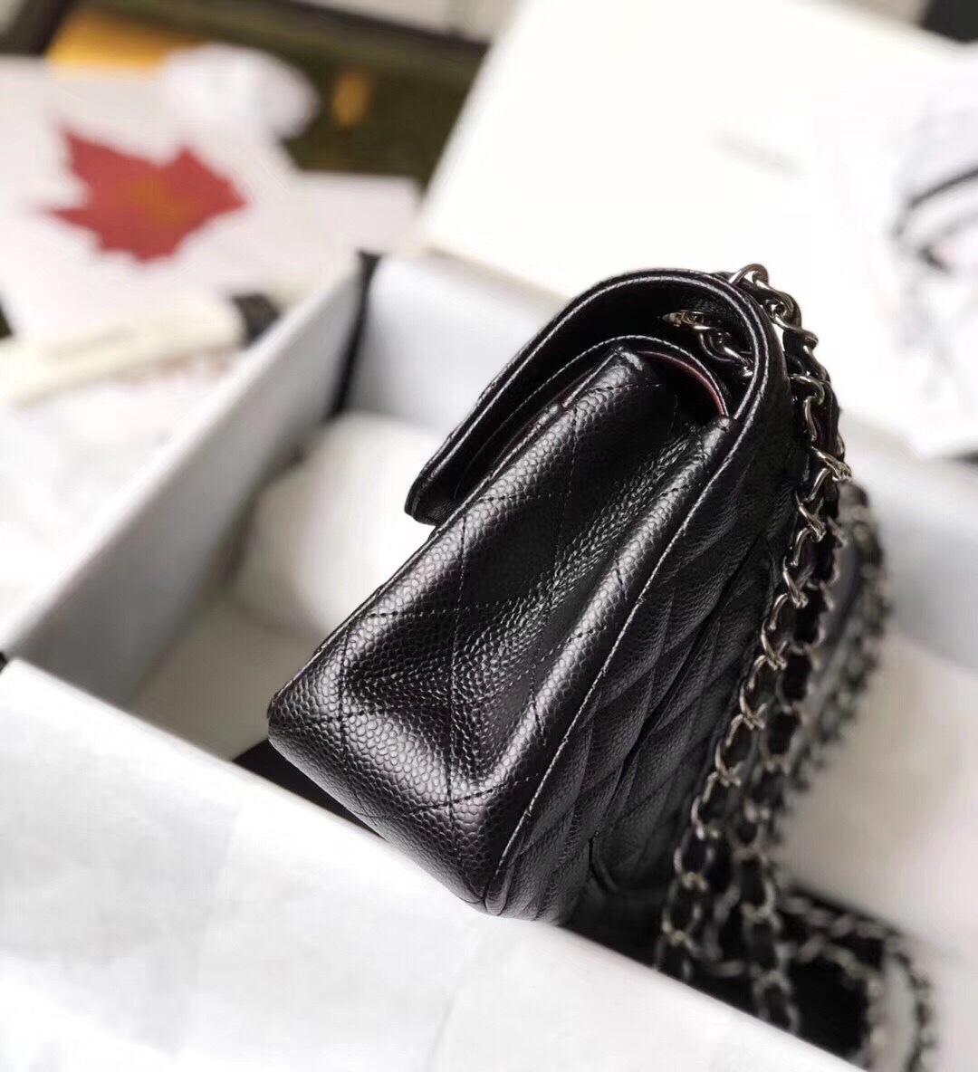 Ch**el Double Flap Bag Caviar Black with Silver Hardware 23cm Bagsaa