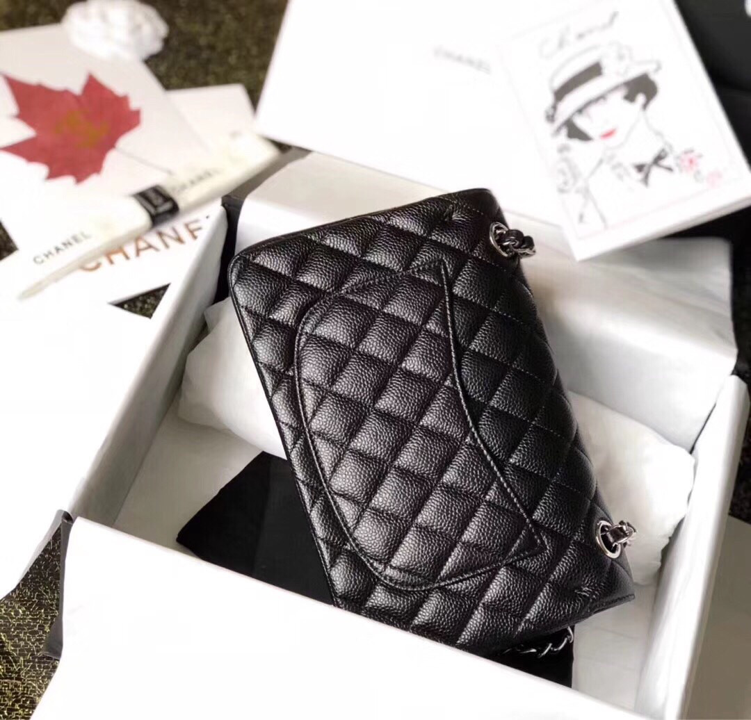 Ch**el Double Flap Bag Caviar Black with Silver Hardware 23cm Bagsaa