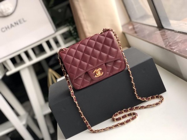 Ch**el Flap Bag Lambskin Gold Hardware Wine Red 17cm Bagsaa