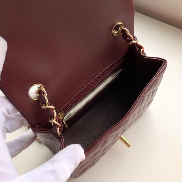 Ch**el Flap Bag Lambskin Gold Hardware Wine Red 17cm Bagsaa