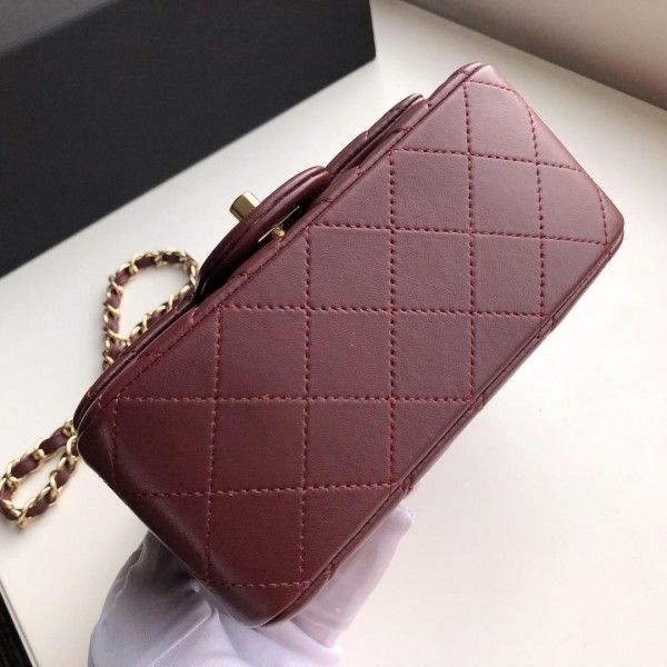 Ch**el Flap Bag Lambskin Gold Hardware Wine Red 17cm Bagsaa