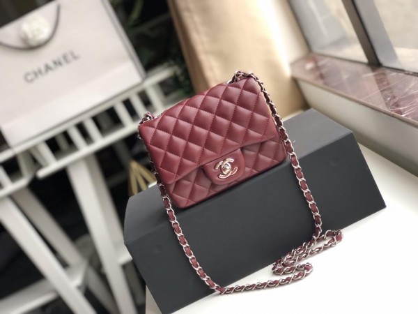 Ch**el Flap Bag Lambskin Silver Hardware Wine Red 17cm Bagsaa