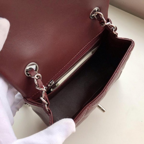 Ch**el Flap Bag Lambskin Silver Hardware Wine Red 17cm Bagsaa