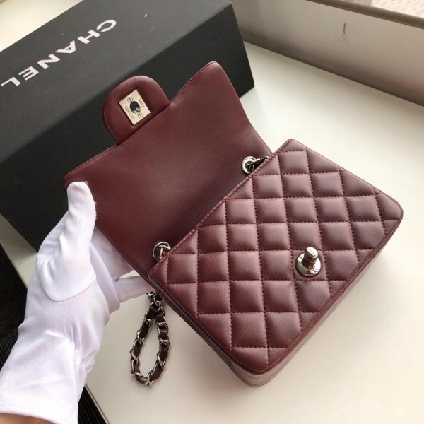 Ch**el Flap Bag Lambskin Silver Hardware Wine Red 17cm Bagsaa
