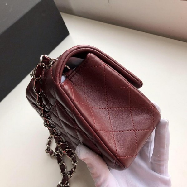 Ch**el Flap Bag Lambskin Silver Hardware Wine Red 17cm Bagsaa