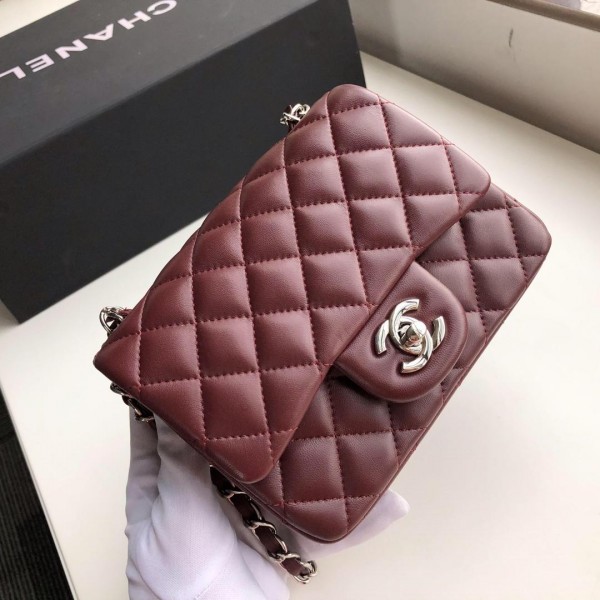Ch**el Flap Bag Lambskin Silver Hardware Wine Red 17cm Bagsaa