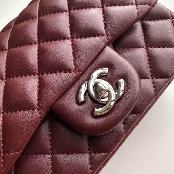 Ch**el Flap Bag Lambskin Silver Hardware Wine Red 17cm Bagsaa