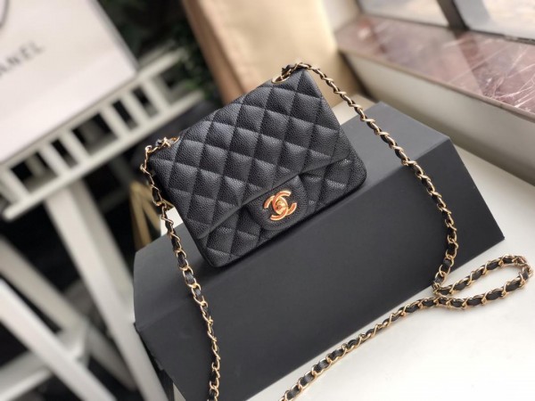 Bagsaaa Ch**el Flap Bag Caviar Gold Hardware Black - 17cm