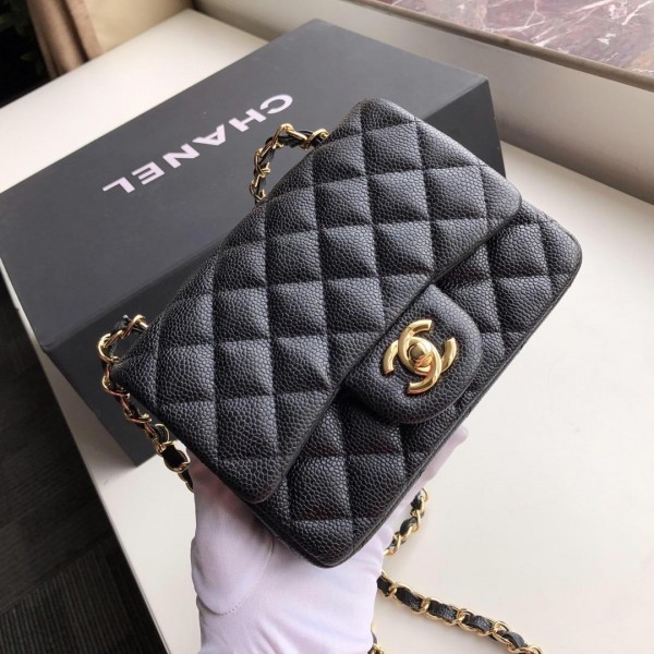 Bagsaaa Ch**el Flap Bag Caviar Gold Hardware Black - 17cm