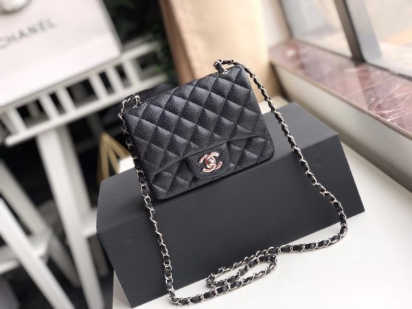 Ch**el Flap Bag Caviar Silver Hardware Black 17cm Bagsaa