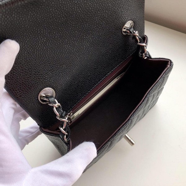 Ch**el Flap Bag Caviar Silver Hardware Black 17cm Bagsaa