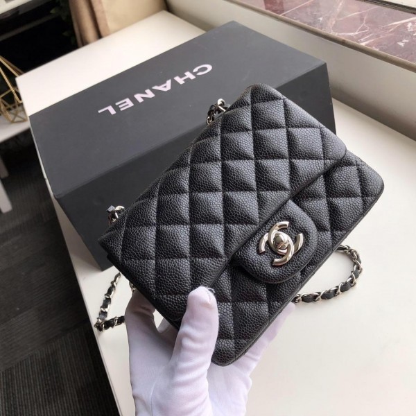 Ch**el Flap Bag Caviar Silver Hardware Black 17cm Bagsaa