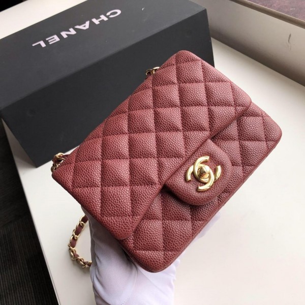 Ch**el Flap Bag Caviar Gold Hardware Wine Red 17cm Bagsaa