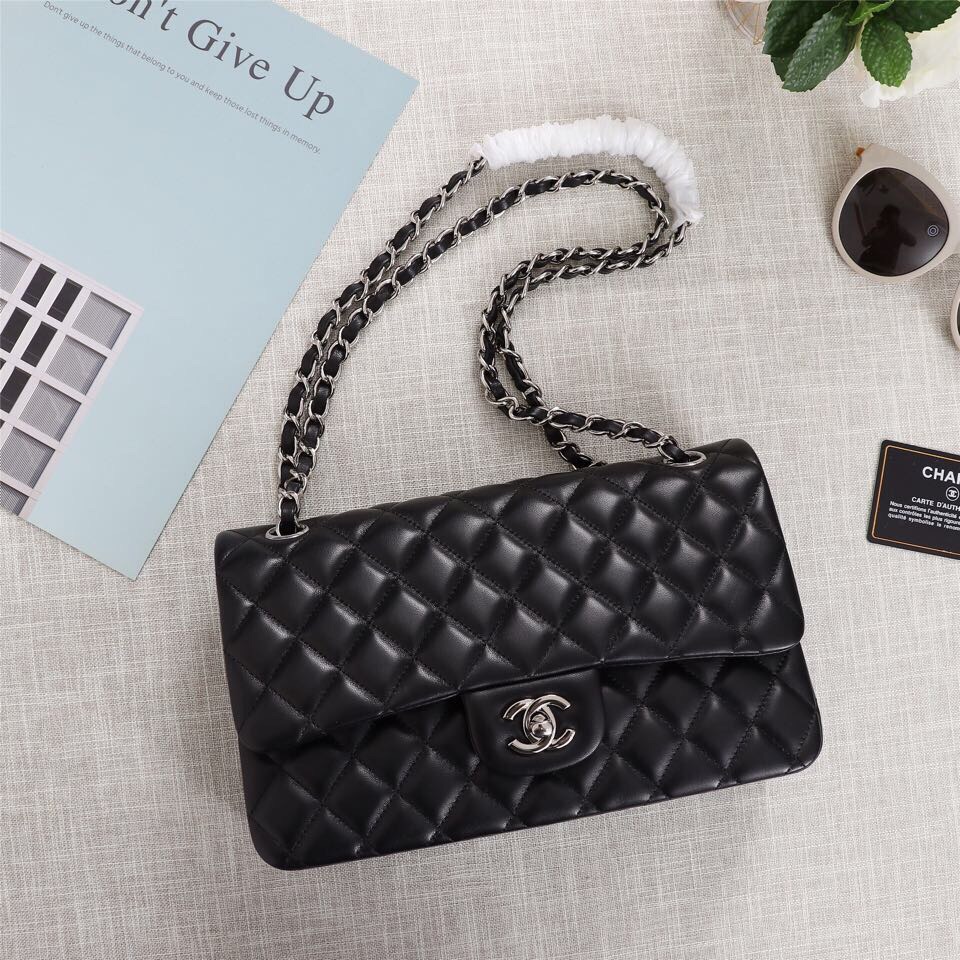 Ch**el Flap Bag 25cm Black Silver Hardware Bagsaa