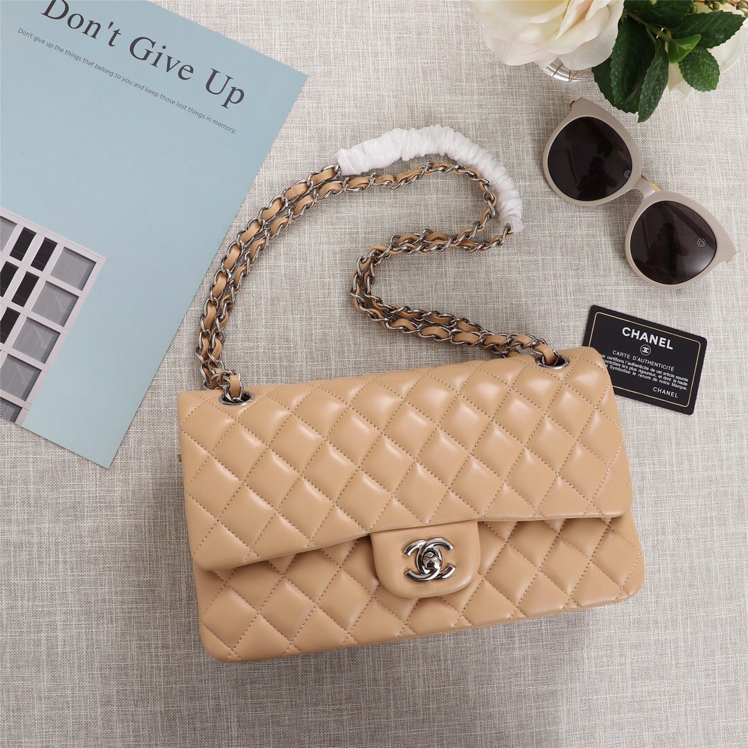 Ch**el Flap Bag 25cm Apricot Silver Hardware Bagsaa