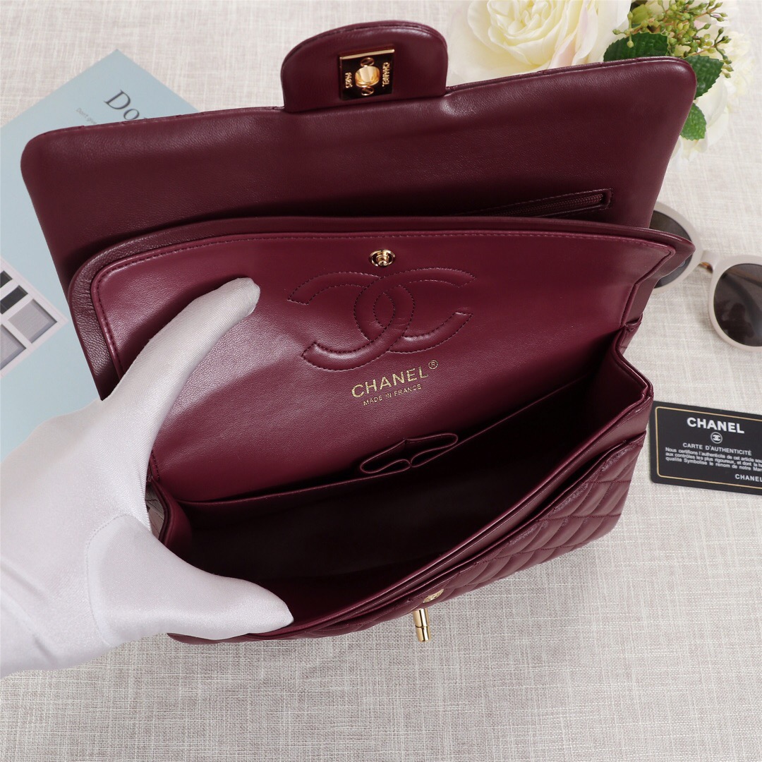 Ch**el Flap Bag 25cm Wine Red Gold Hardware Bagsaa