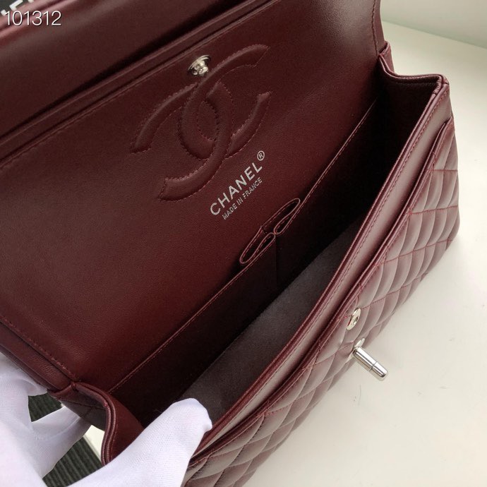Ch**el Flap Bag 25cm Wine Red Silver Hardware