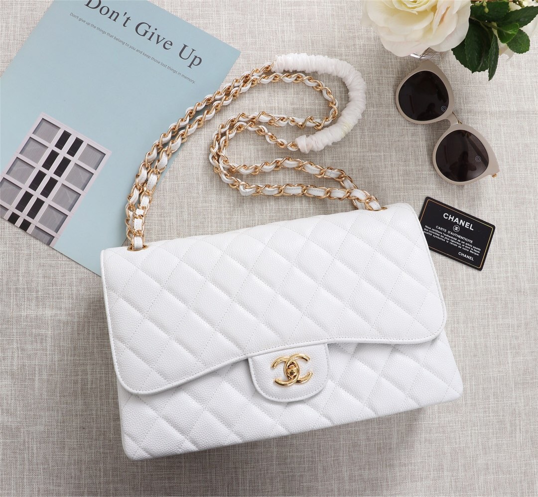 Ch**el Flap Bag 1113 30cm Cavier White Gold Hardware