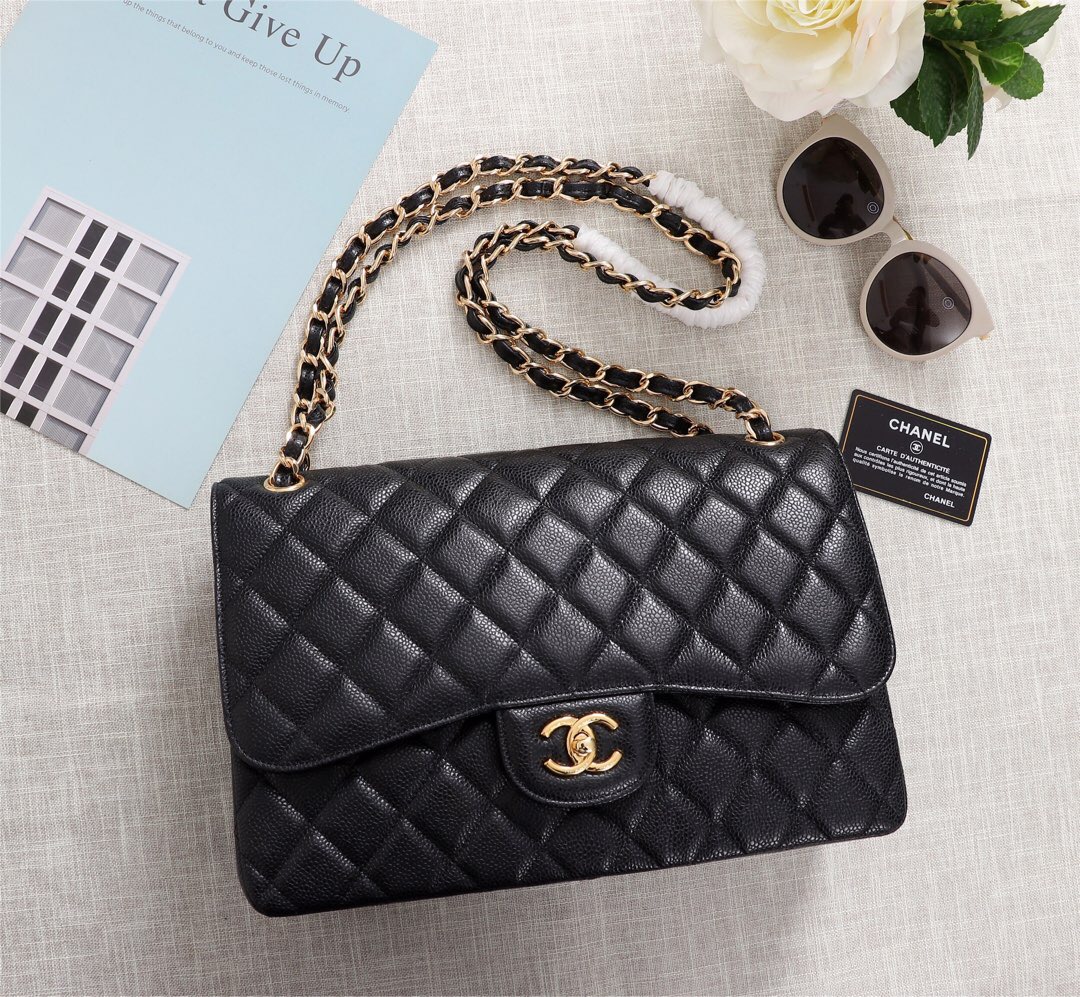Ch**el Flap Bag 1113 30cm Cavier Black Gold Hardware