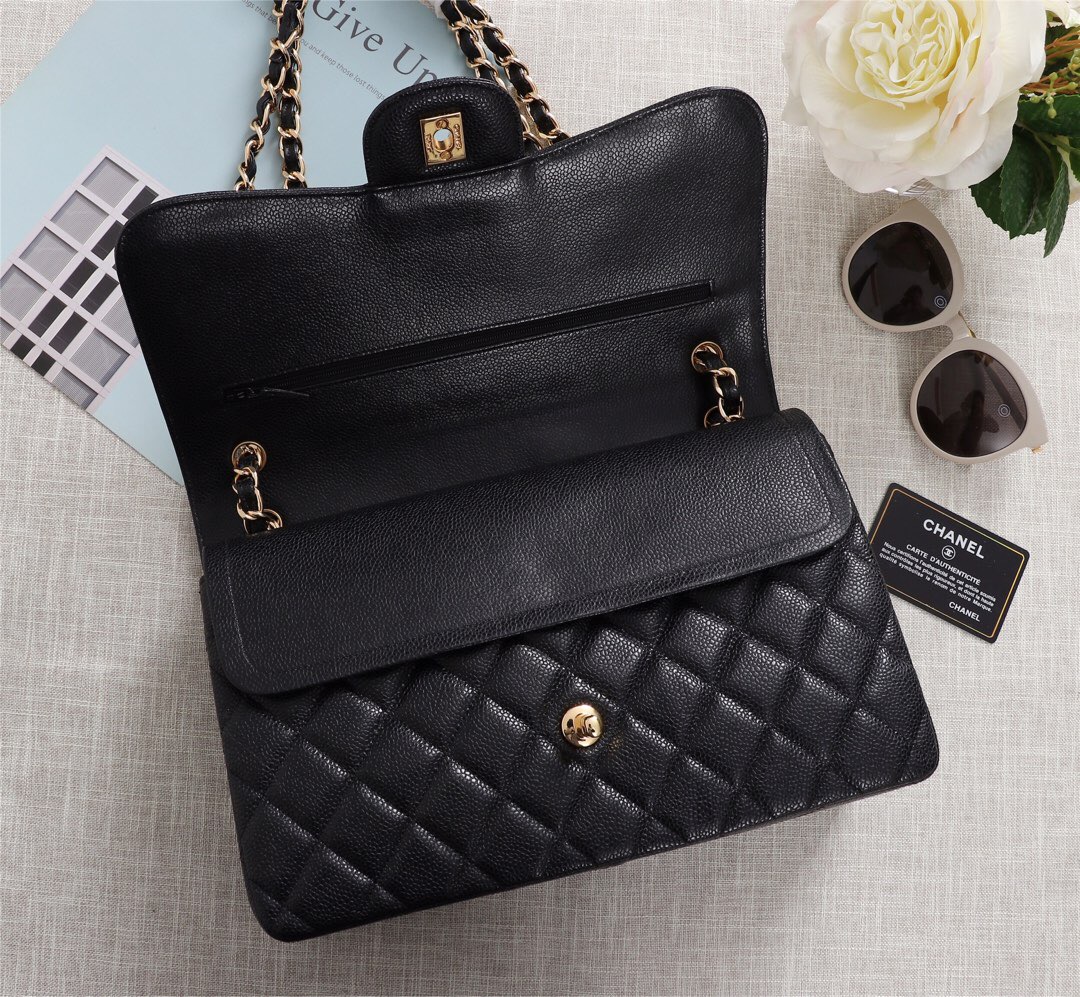 Ch**el Flap Bag 1113 30cm Cavier Black Gold Hardware