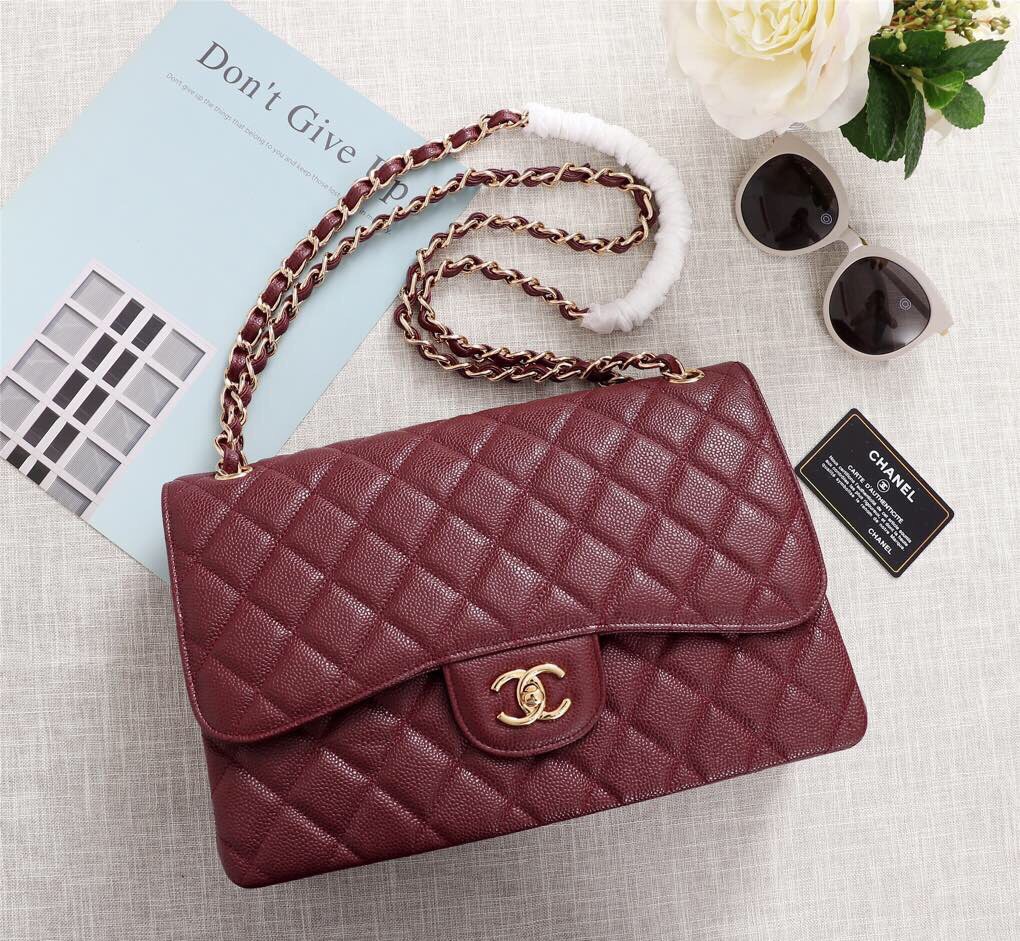 Ch**el Flap Bag 1113 30cm Cavier Wine Red Gold Hardware