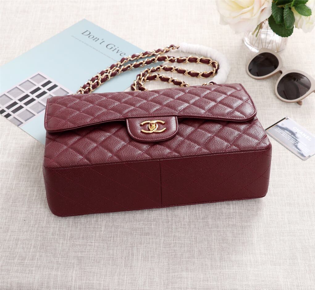 Ch**el Flap Bag 1113 30cm Cavier Wine Red Gold Hardware