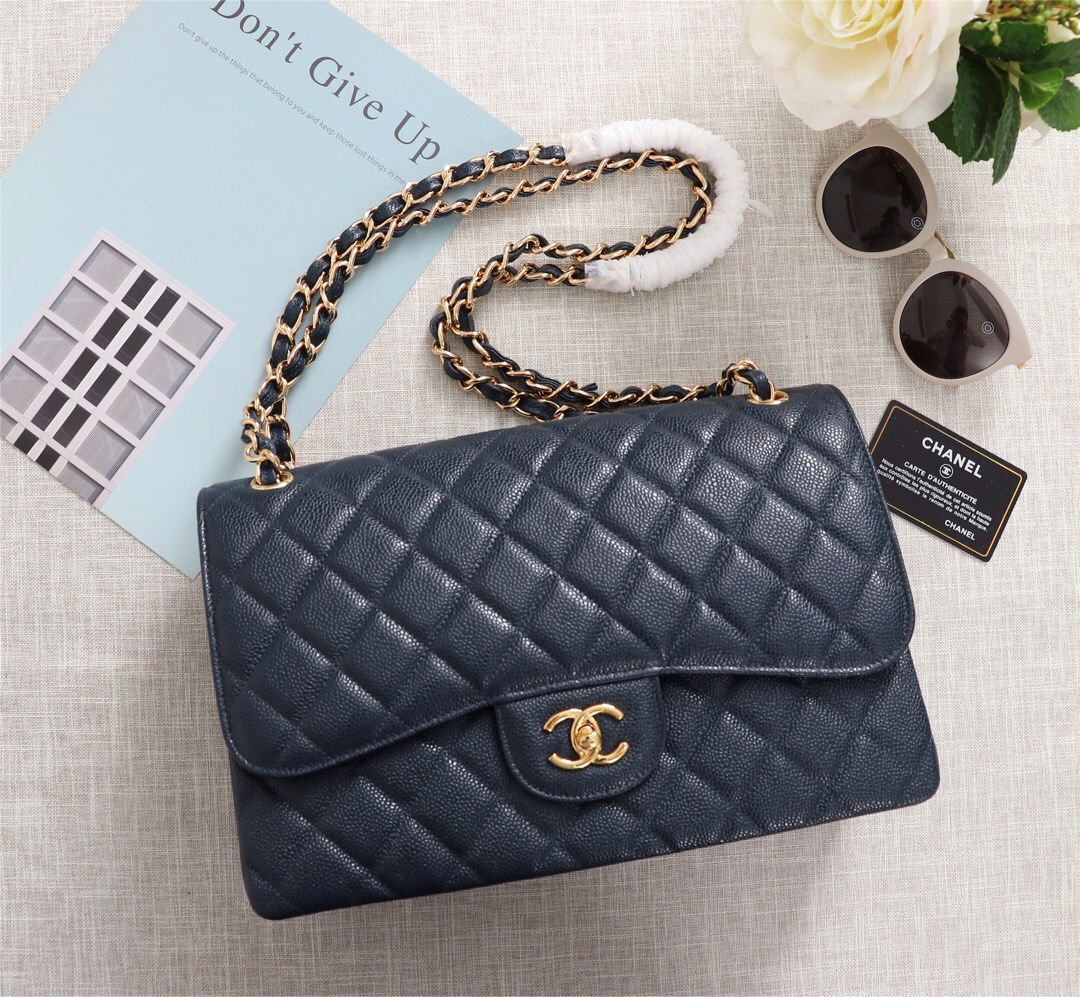 Ch**el Flap Bag 1113 30cm Cavier Blue Gold Hardware