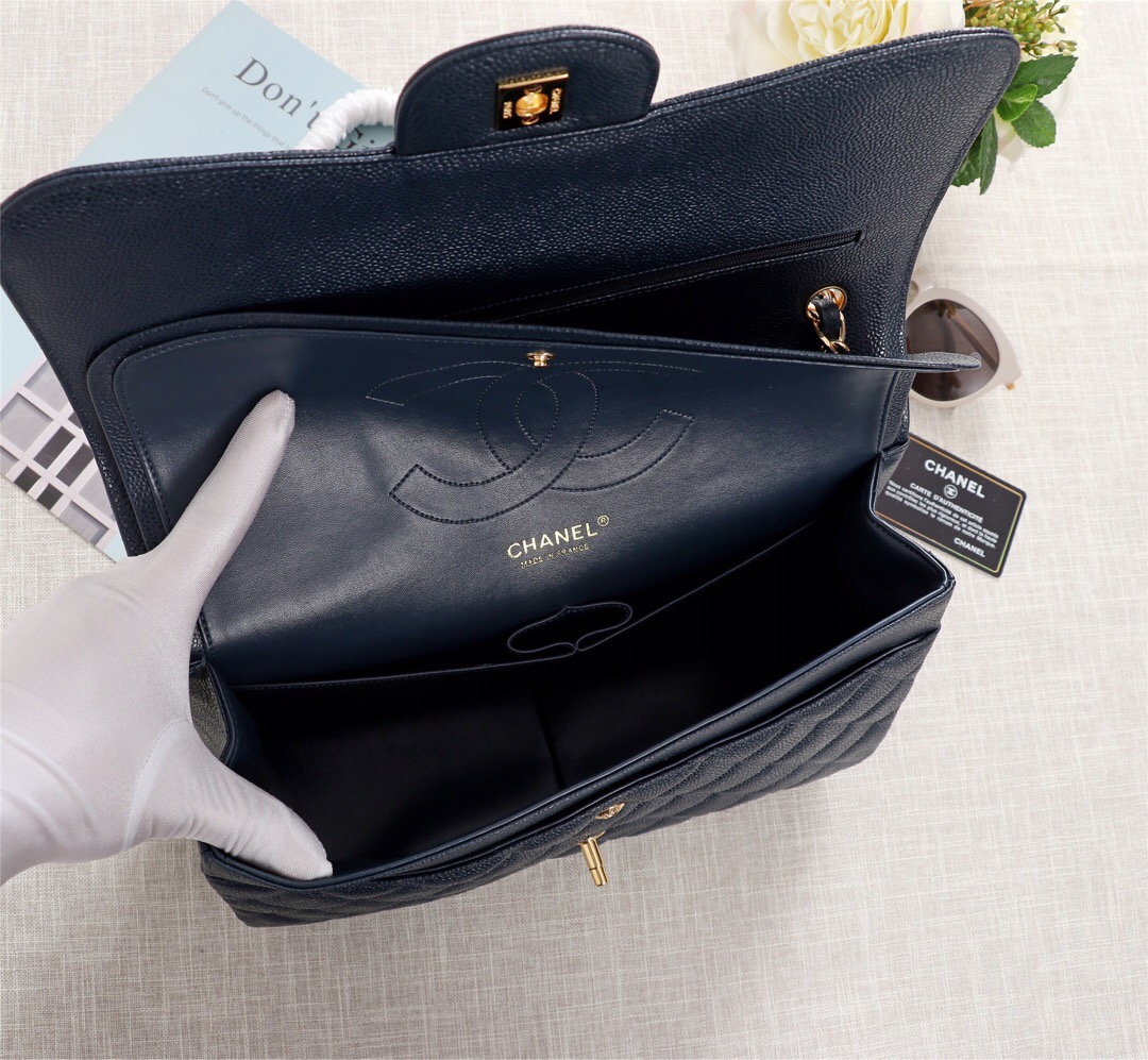Ch**el Flap Bag 1113 30cm Cavier Blue Gold Hardware