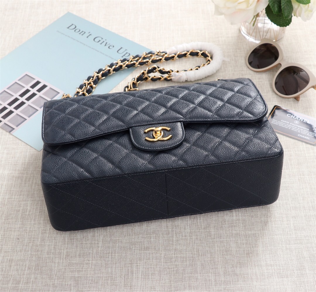 Ch**el Flap Bag 1113 30cm Cavier Blue Gold Hardware