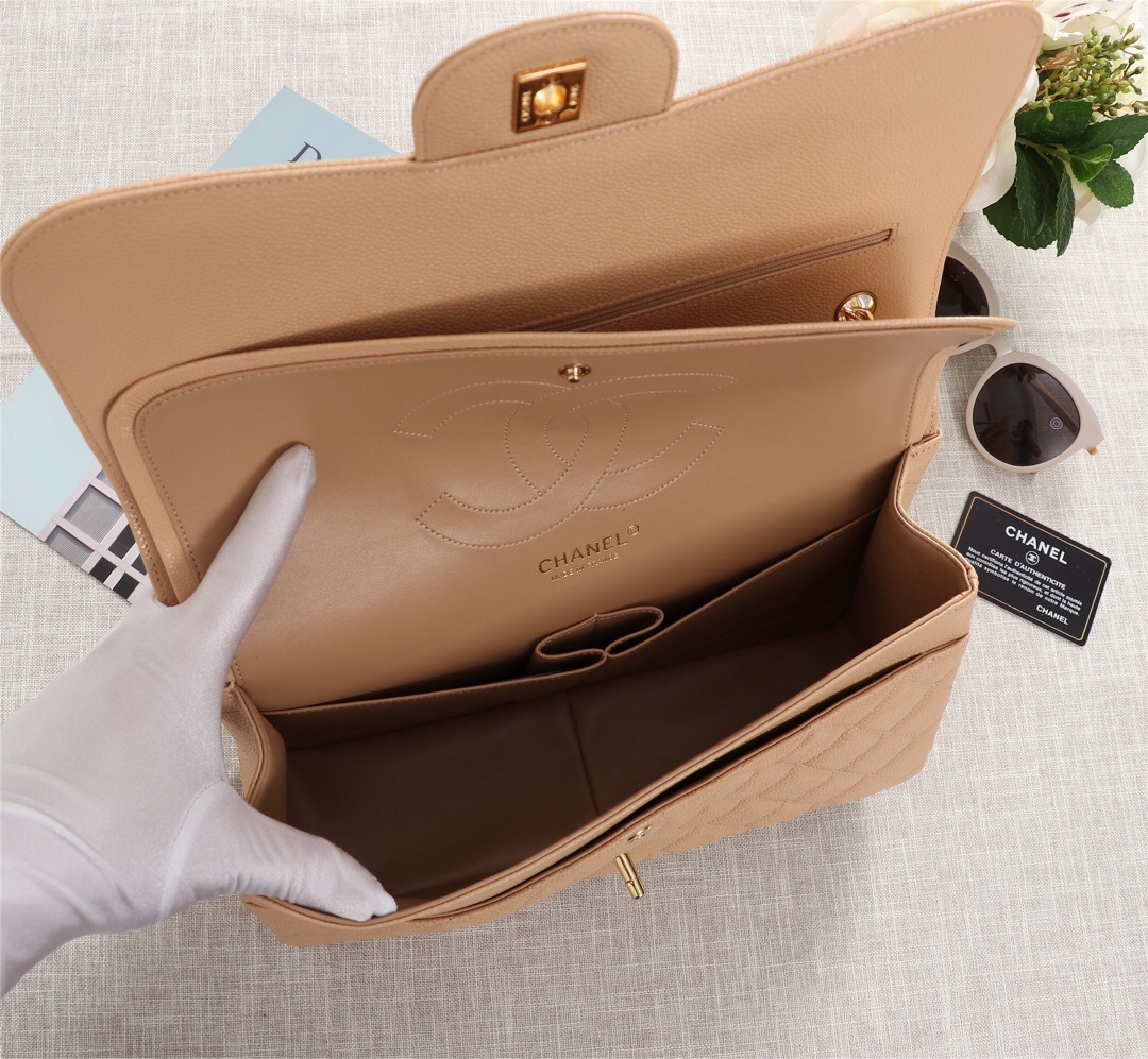 Ch**el Flap Bag 1113 30cm Cavier Apricot Gold Hardware