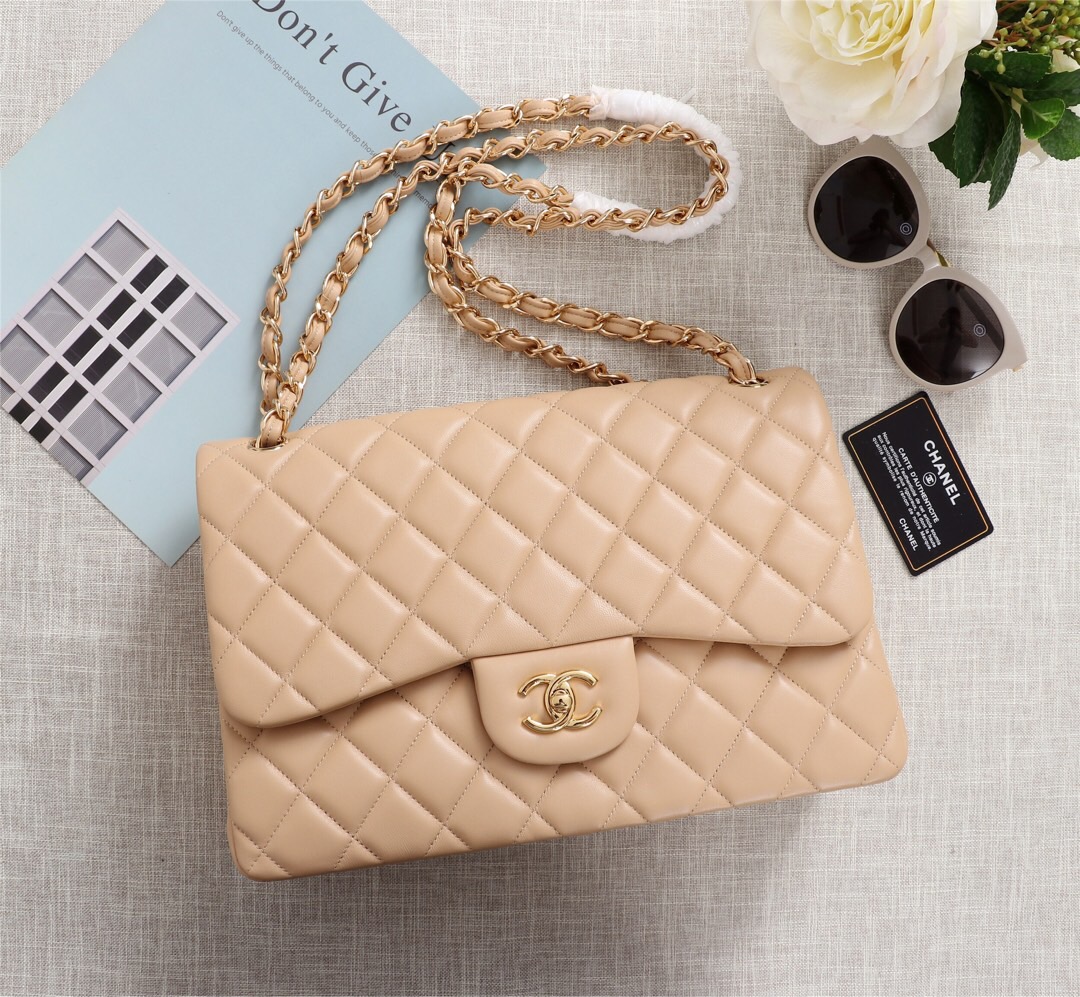 Ch**el Flap Bag 1113 30cm Lambskin Apricot Gold Hardware