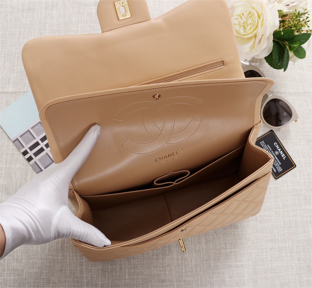Ch**el Flap Bag 1113 30cm Lambskin Apricot Gold Hardware