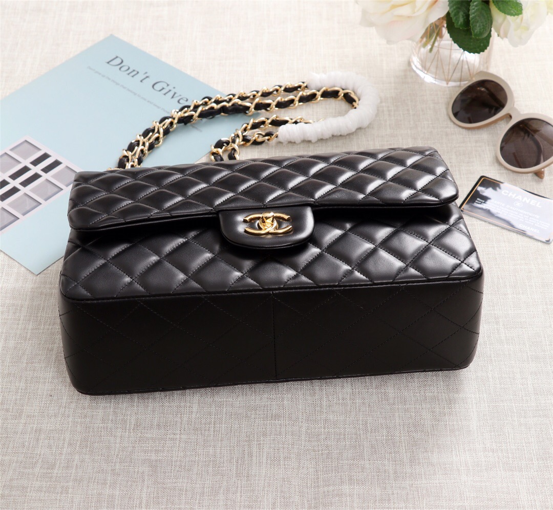 Ch**el Flap Bag 1113 30cm Lambskin Black Gold Hardware