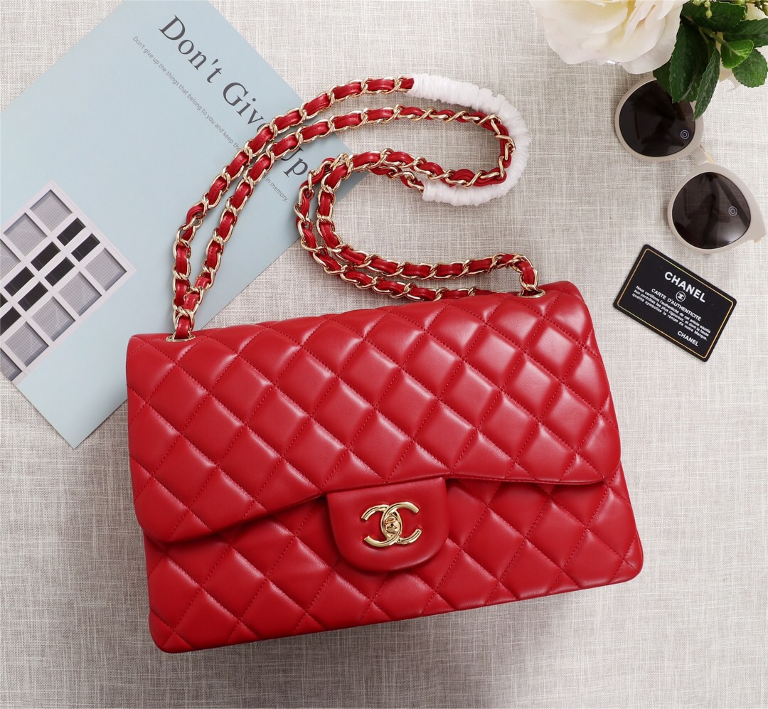 Ch**el Flap Bag 1113 30cm Lambskin Red Gold Hardware