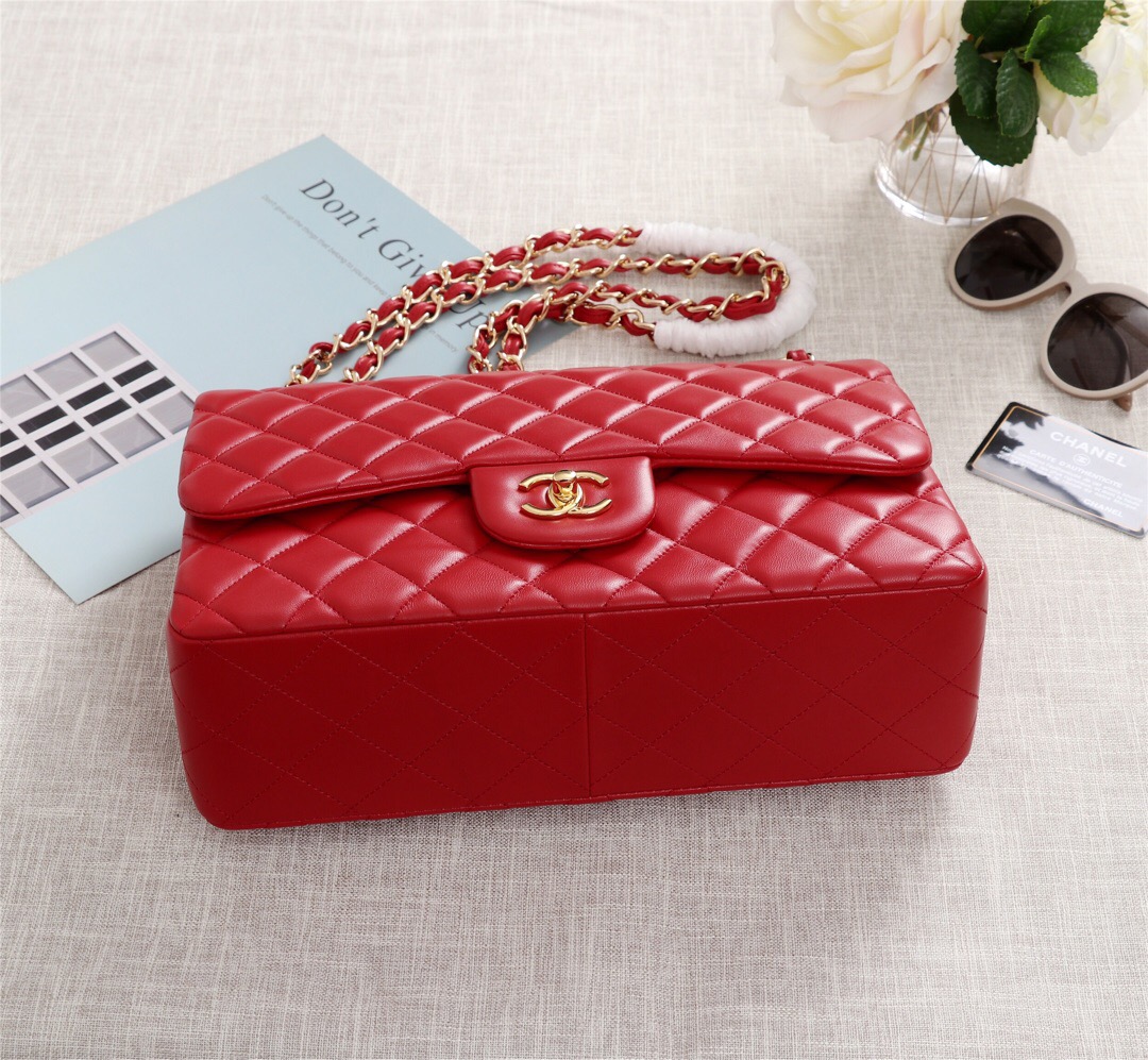 Ch**el Flap Bag 1113 30cm Lambskin Red Gold Hardware