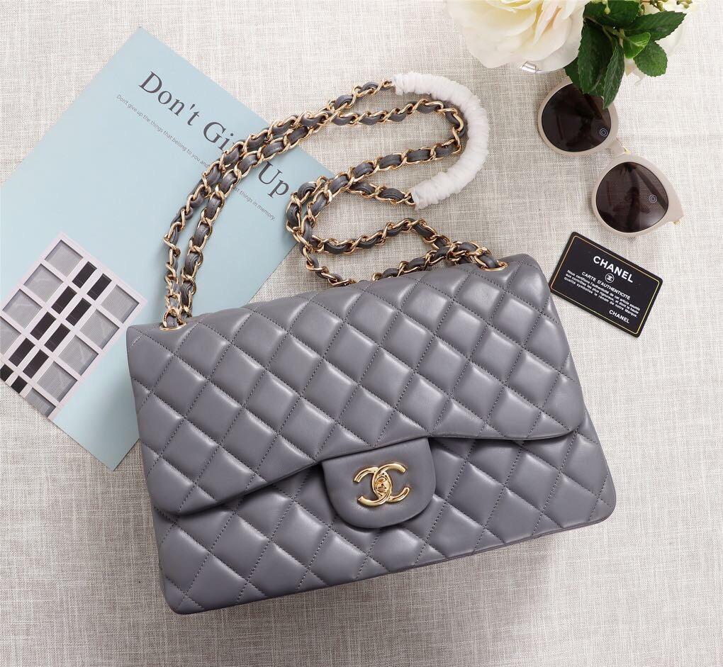 Ch**el Flap Bag 1113 30cm Lambskin Gray Gold Hardware