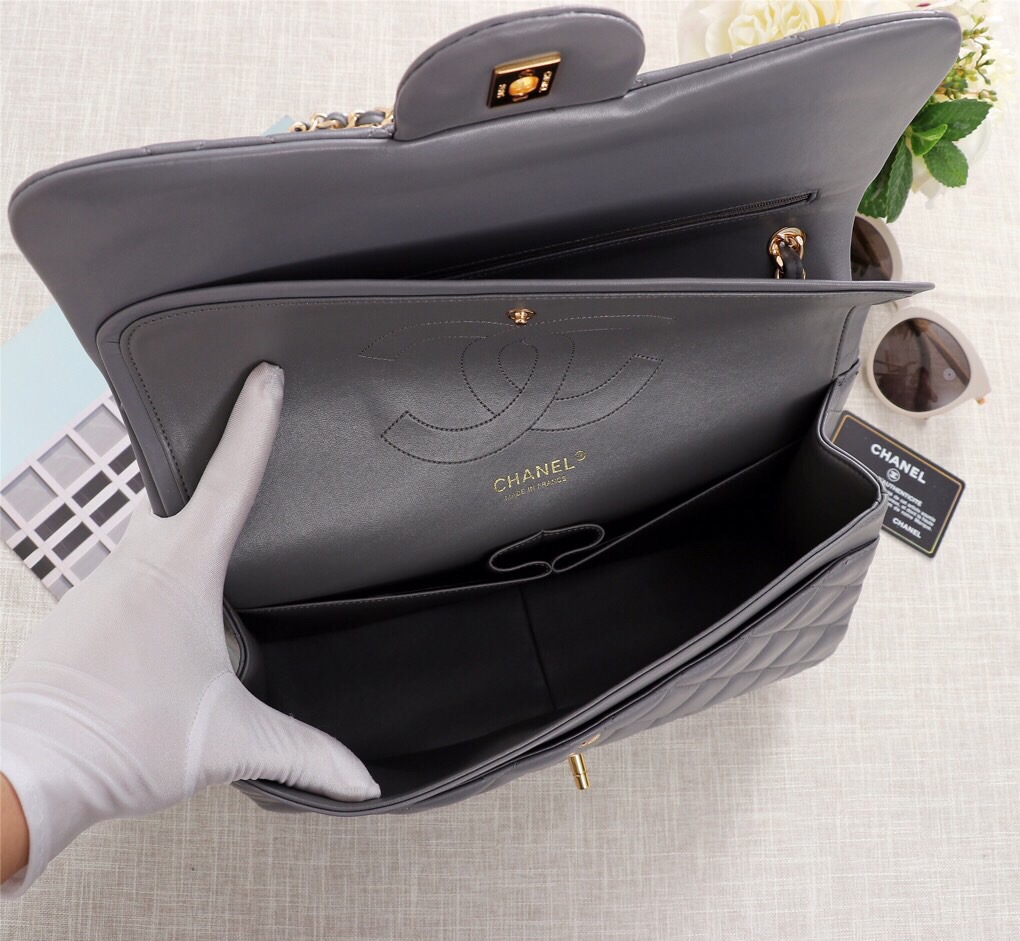 Ch**el Flap Bag 1113 30cm Lambskin Gray Gold Hardware