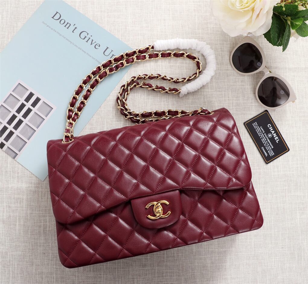 Ch**el Flap Bag 1113 30cm Lambskin Wine Red Gold Hardware