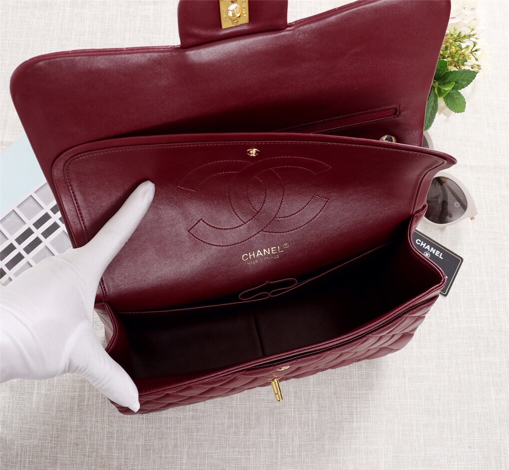 Ch**el Flap Bag 1113 30cm Lambskin Wine Red Gold Hardware
